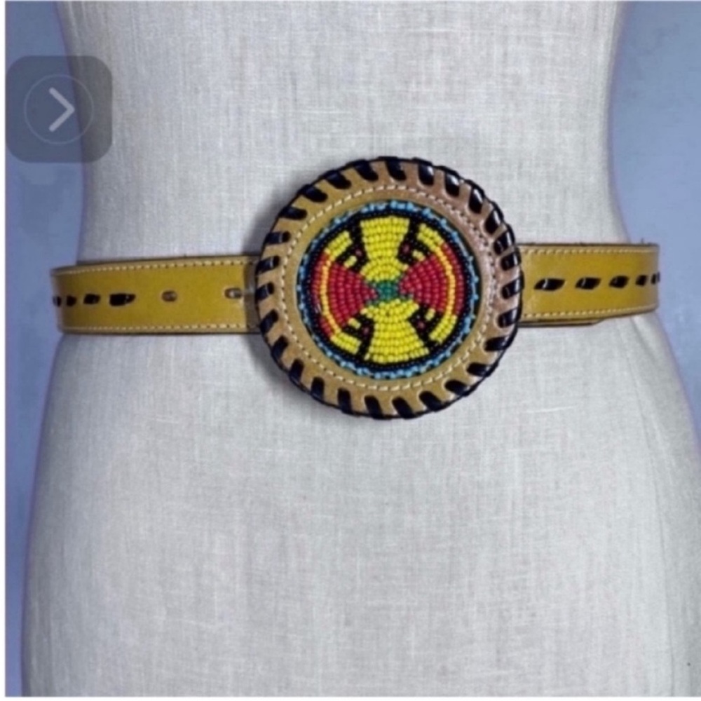 Yellow Beaded Round Buckle Leather Belt